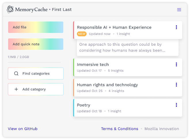 A UI Mockup of a potential design for a MemoryCache desktop application