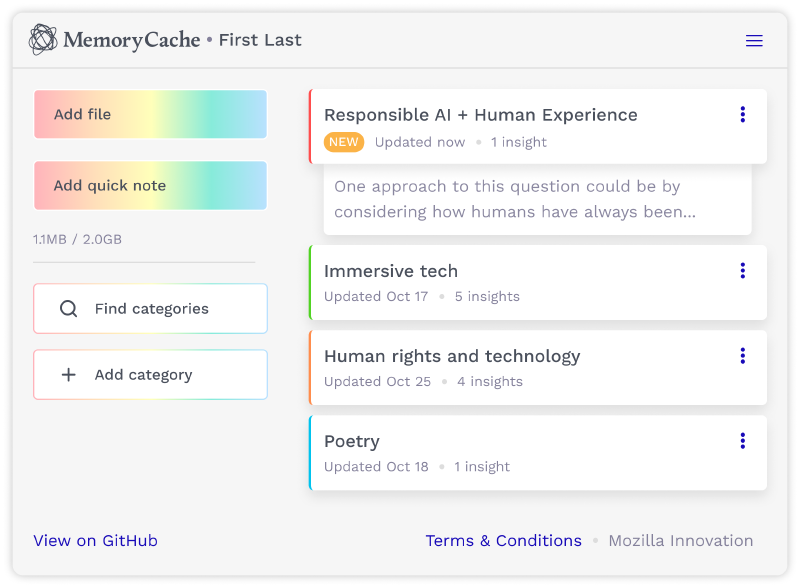A UI Mockup of a potential design for a MemoryCache desktop application