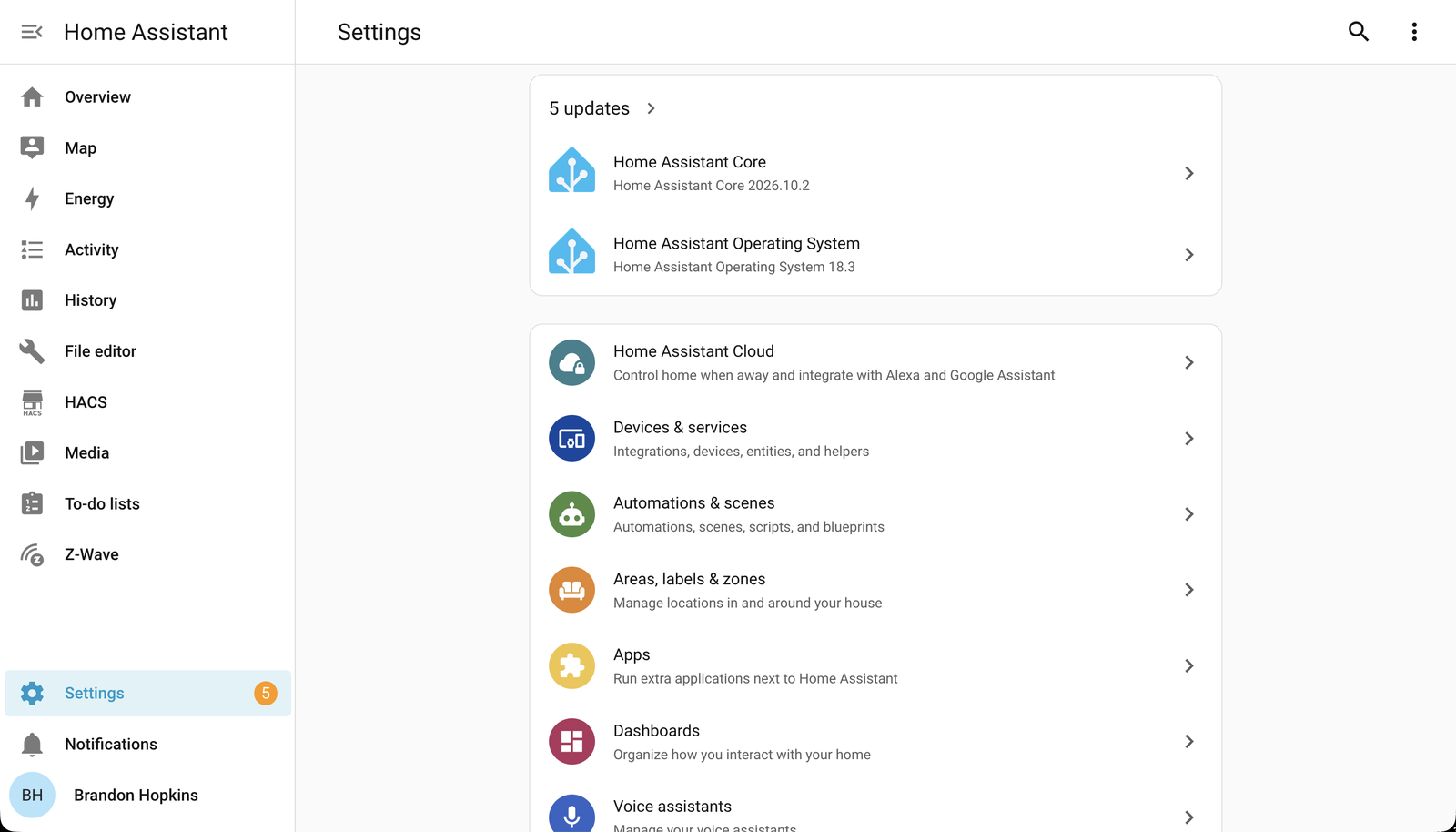 Home Assistant Settings page listing devices & services, automations & scenes, areas, apps, and dashboards