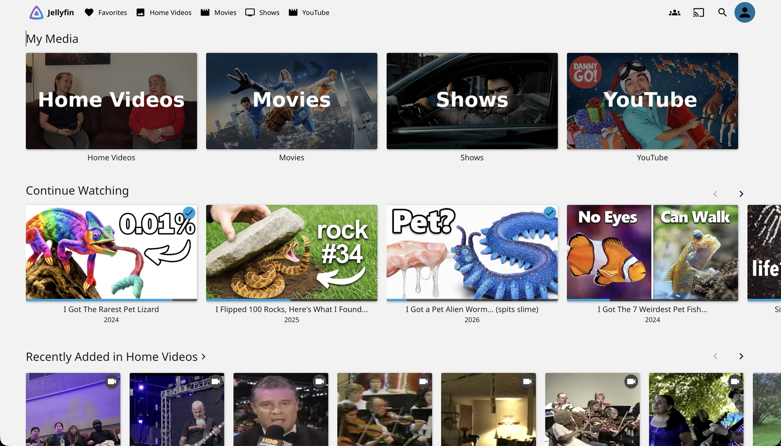 Jellyfin home screen showing My Media libraries and Continue Watching
