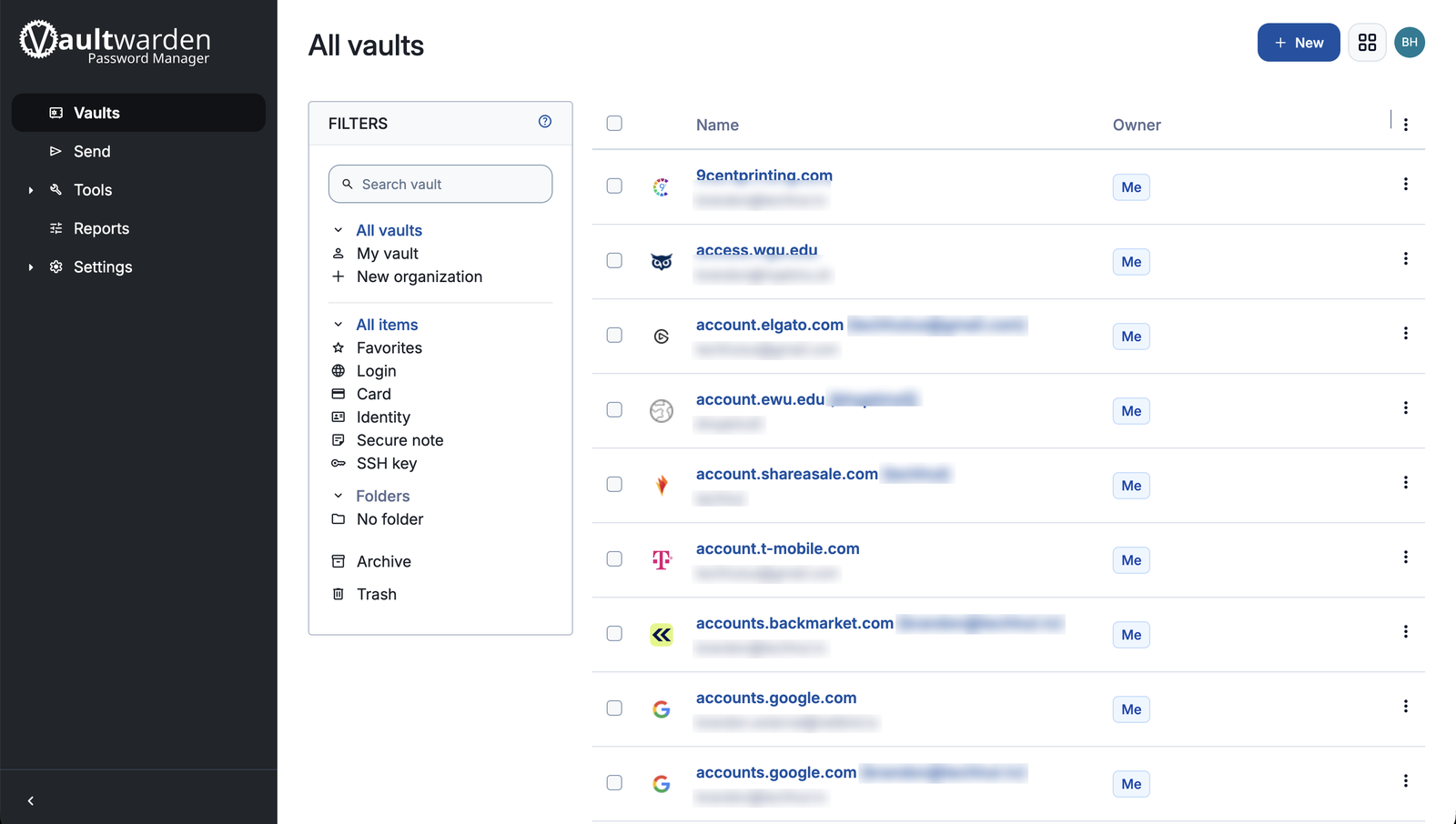 Vaultwarden All vaults view listing saved logins, with usernames and email addresses blurred