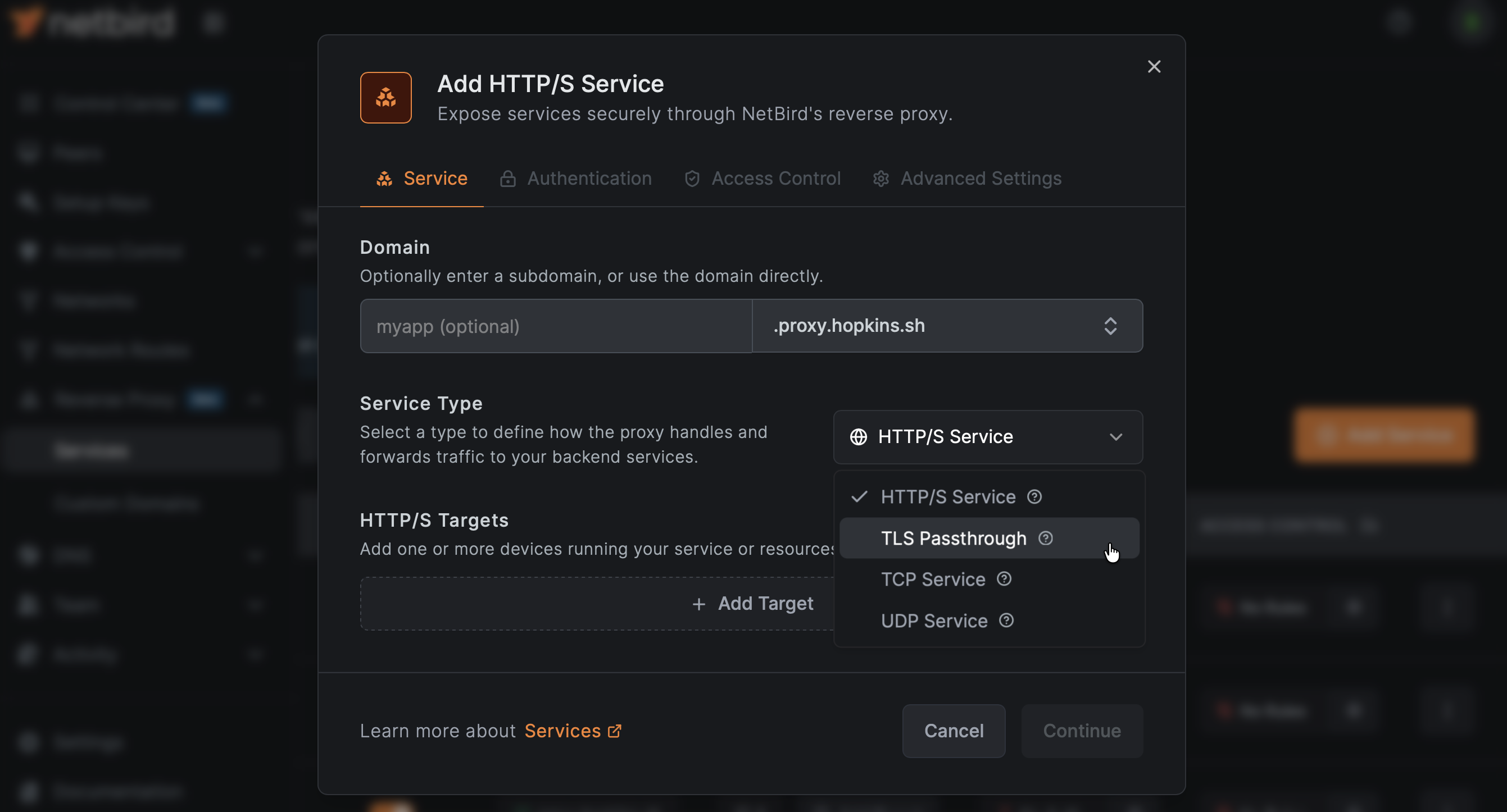 NetBird Reverse Proxy service configuration
