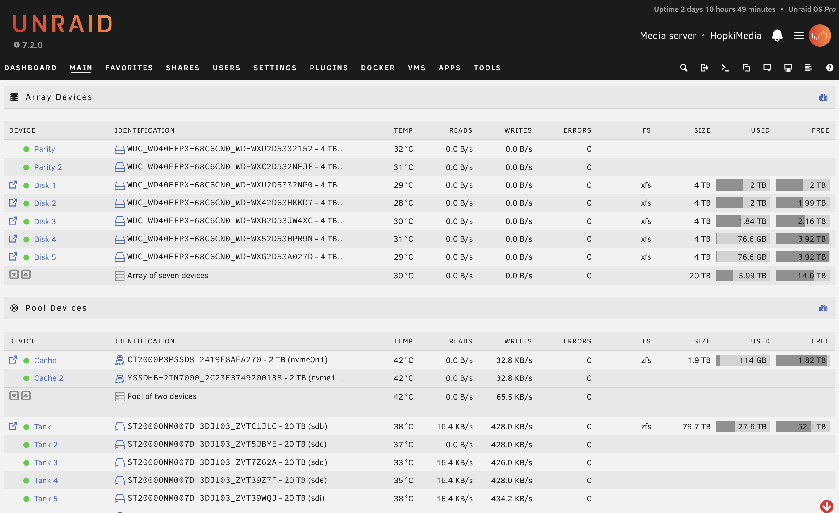 UnRaid dashboard showing array devices and pool devices