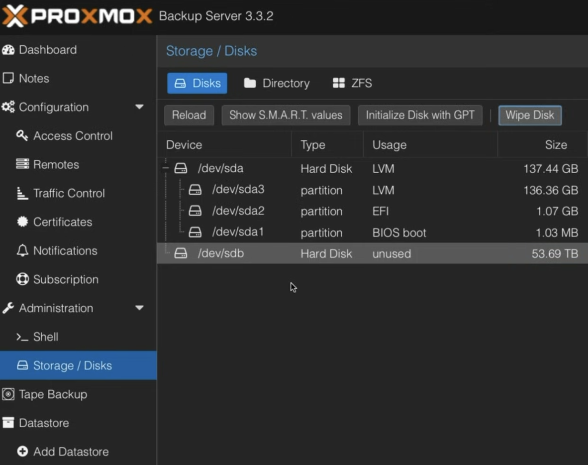 Proxmox Backup Server storage and disks view with a 53.69 TB datastore