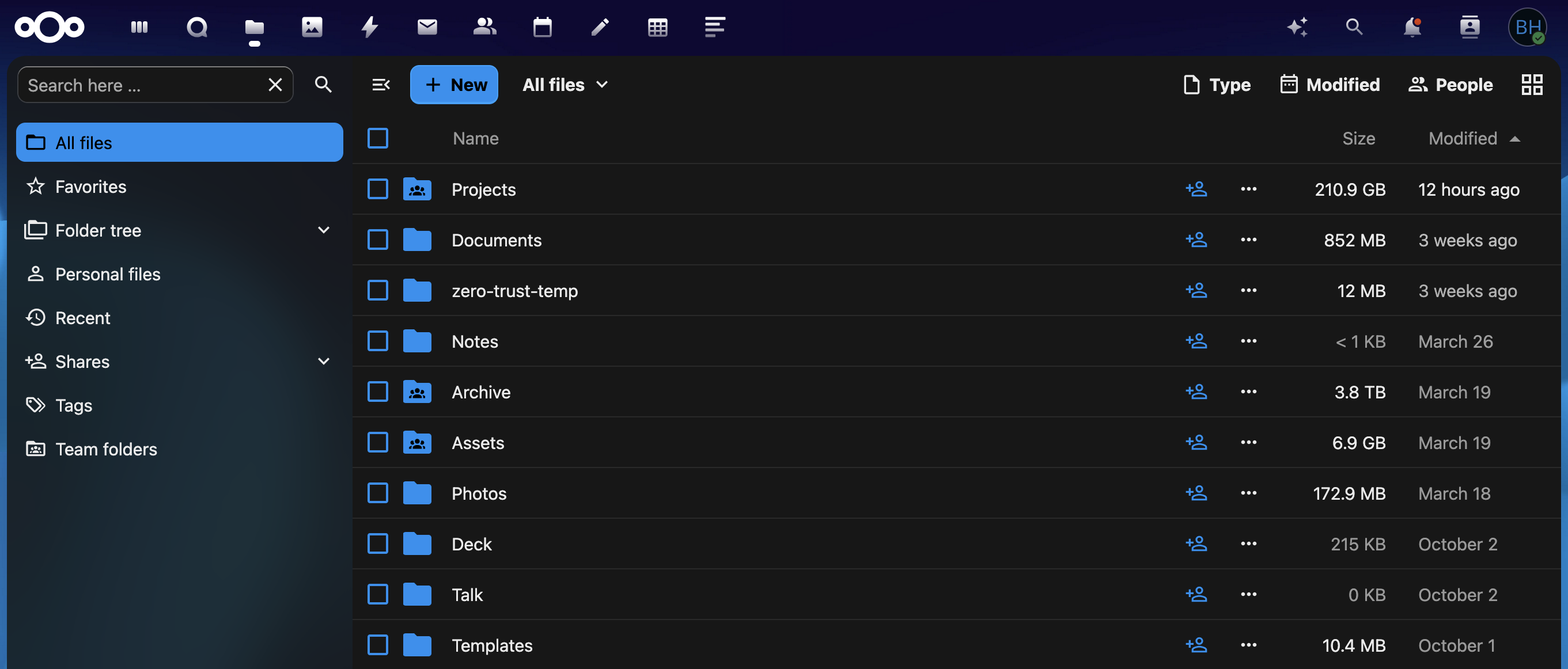 Nextcloud Files UI showing folders and storage usage
