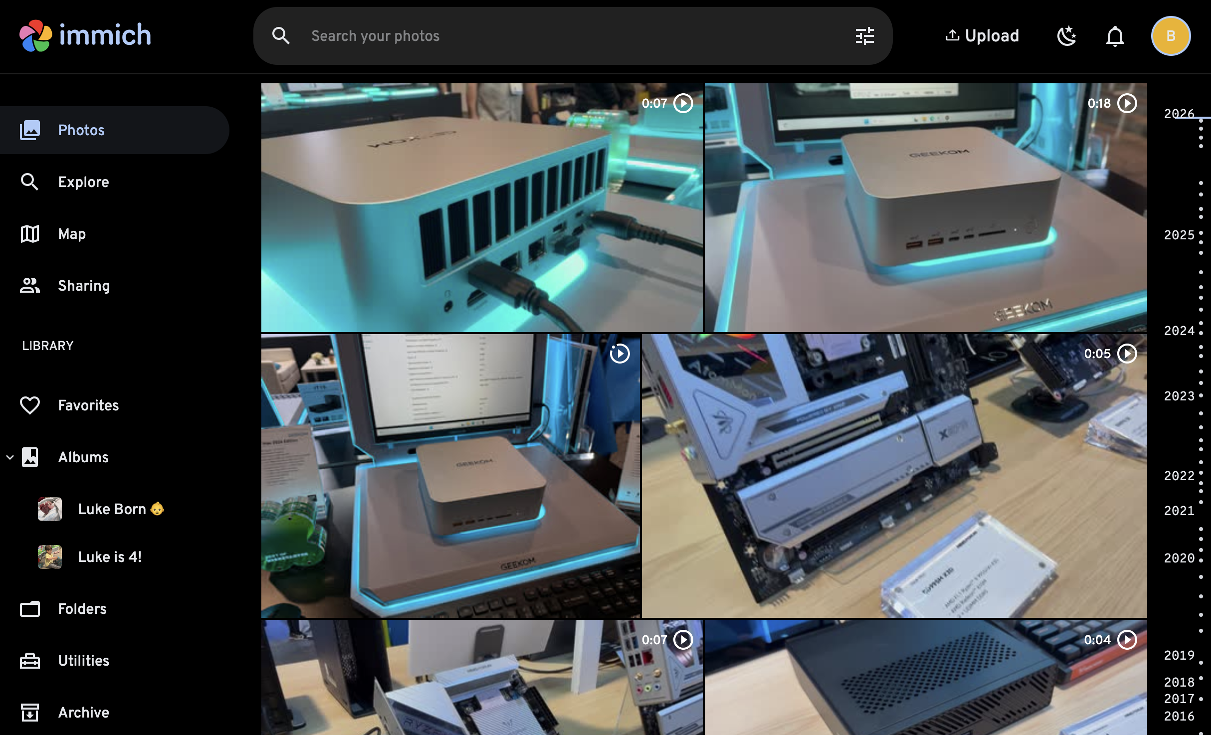 Immich timeline showing photos by year with map and search