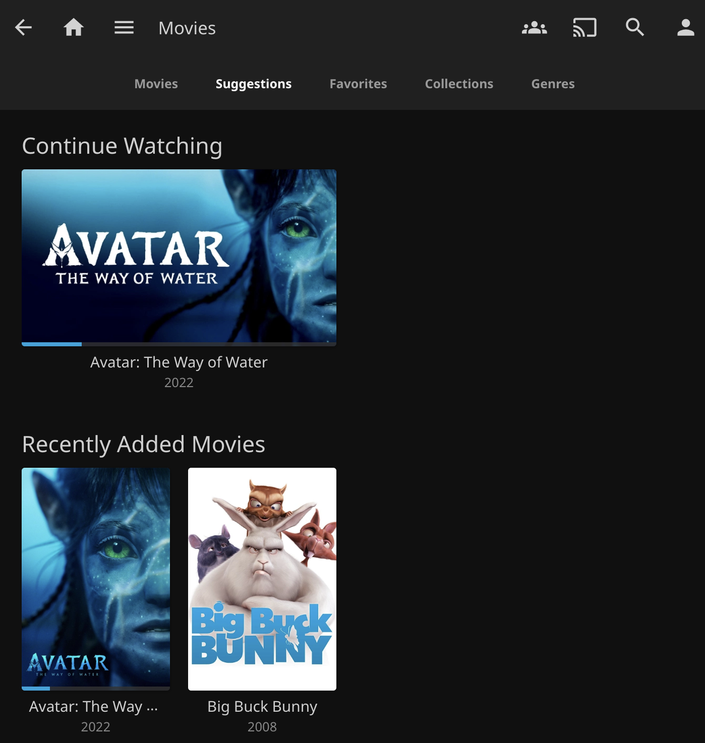 Jellyfin movies library showing Continue Watching and Recently Added