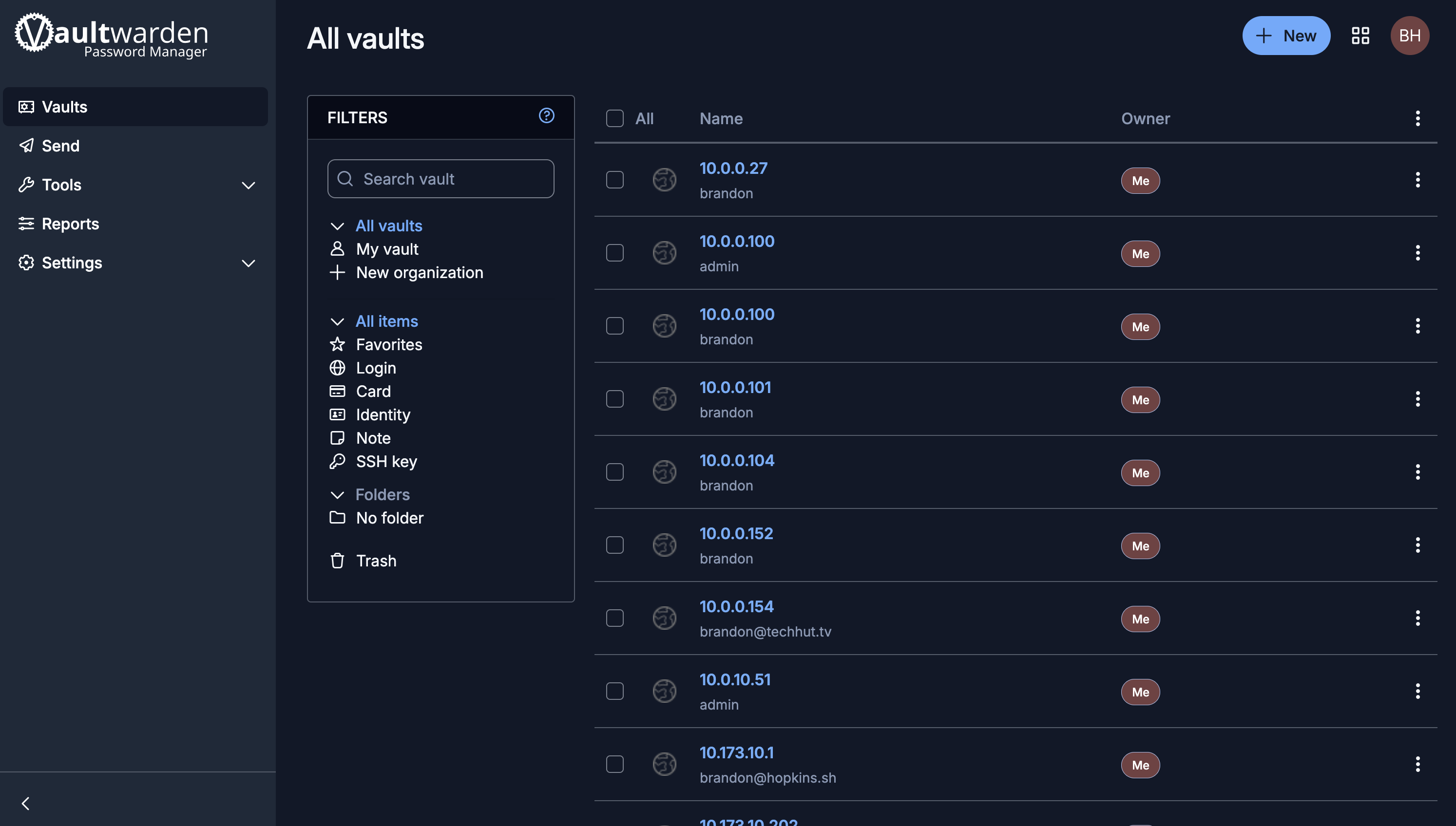 Vaultwarden web vault showing saved logins