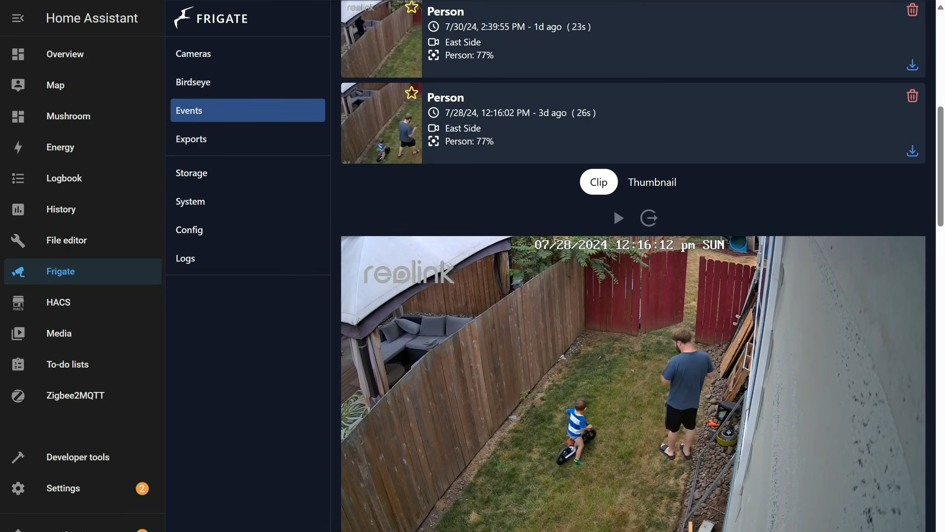 Frigate event log inside Home Assistant showing person detections in the backyard