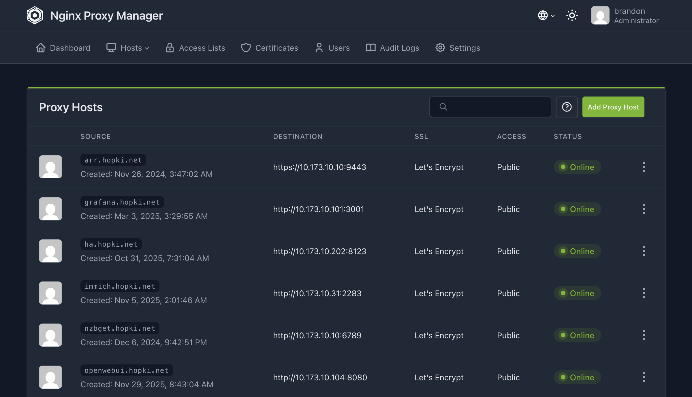 NGINX Proxy Manager Proxy Hosts list with Let's Encrypt certs and Online status
